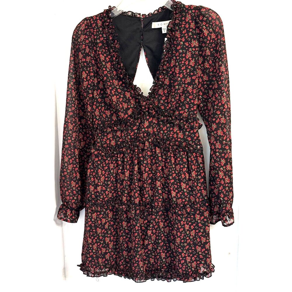 ROW A Nordstrom Rack Dress Small Black Red Floral Open Back Ruffle Mini NWT #X - Picture 2 of 9